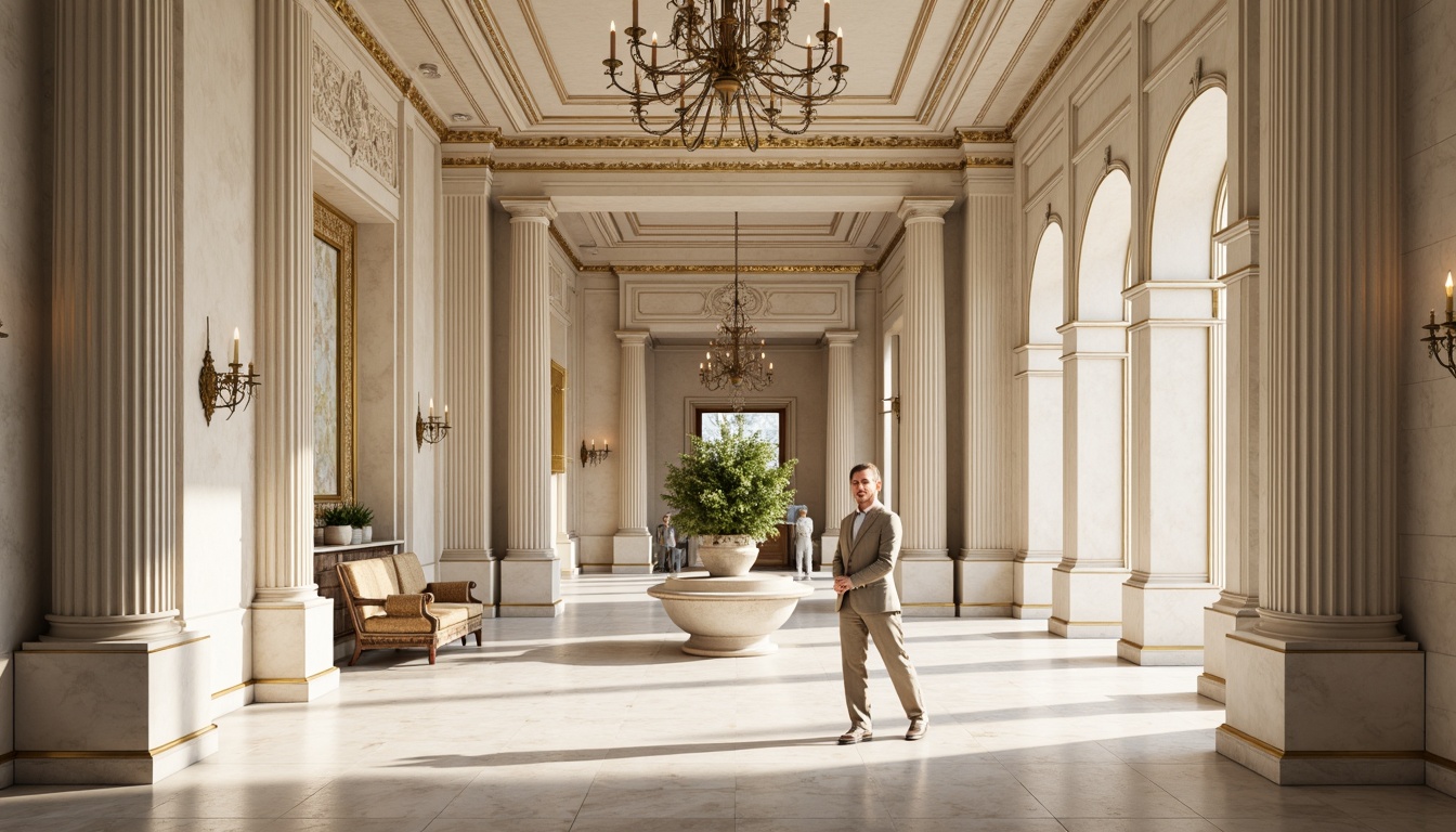 Prompt: Elegant neoclassical architecture, grandiose columns, ornate moldings, intricate carvings, marble flooring, lavish chandeliers, cream-colored walls, rich gold accents, soft warm lighting, subtle shadows, 1/2 composition, symmetrical framing, realistic textures, ambient occlusion, Renaissance-inspired details, sophisticated color palette, muted earth tones, ivory whites, pale blues, dusty rose hues.