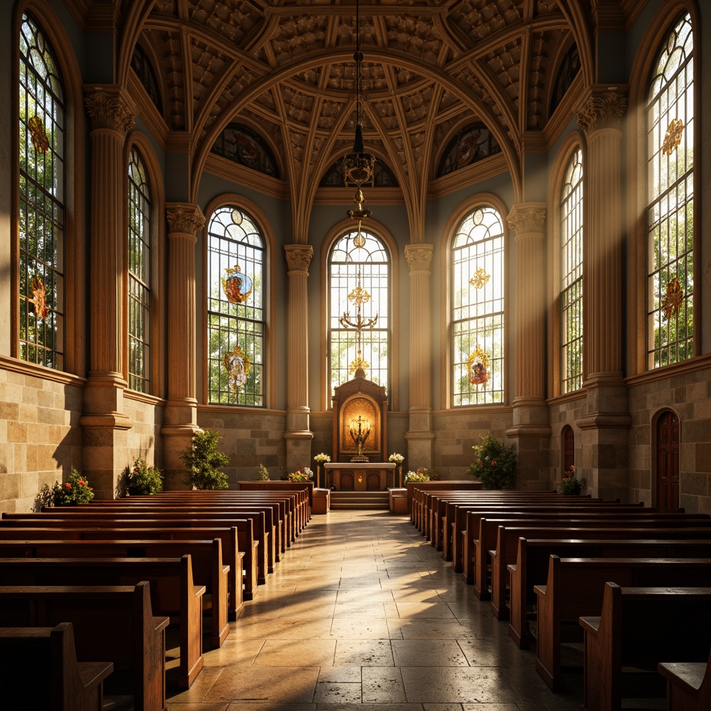 Prompt: Sacred worship space, natural light pouring in, stained glass windows, warm golden hues, intricate stone carvings, ornate wooden pews, majestic altar, solemn atmosphere, peaceful ambiance, gentle shadows, soft warm lighting, high ceilings, grand architectural design, ornate chandeliers, spiritual symbols, serene surroundings, lush greenery outside, blooming flowers, sunny day.