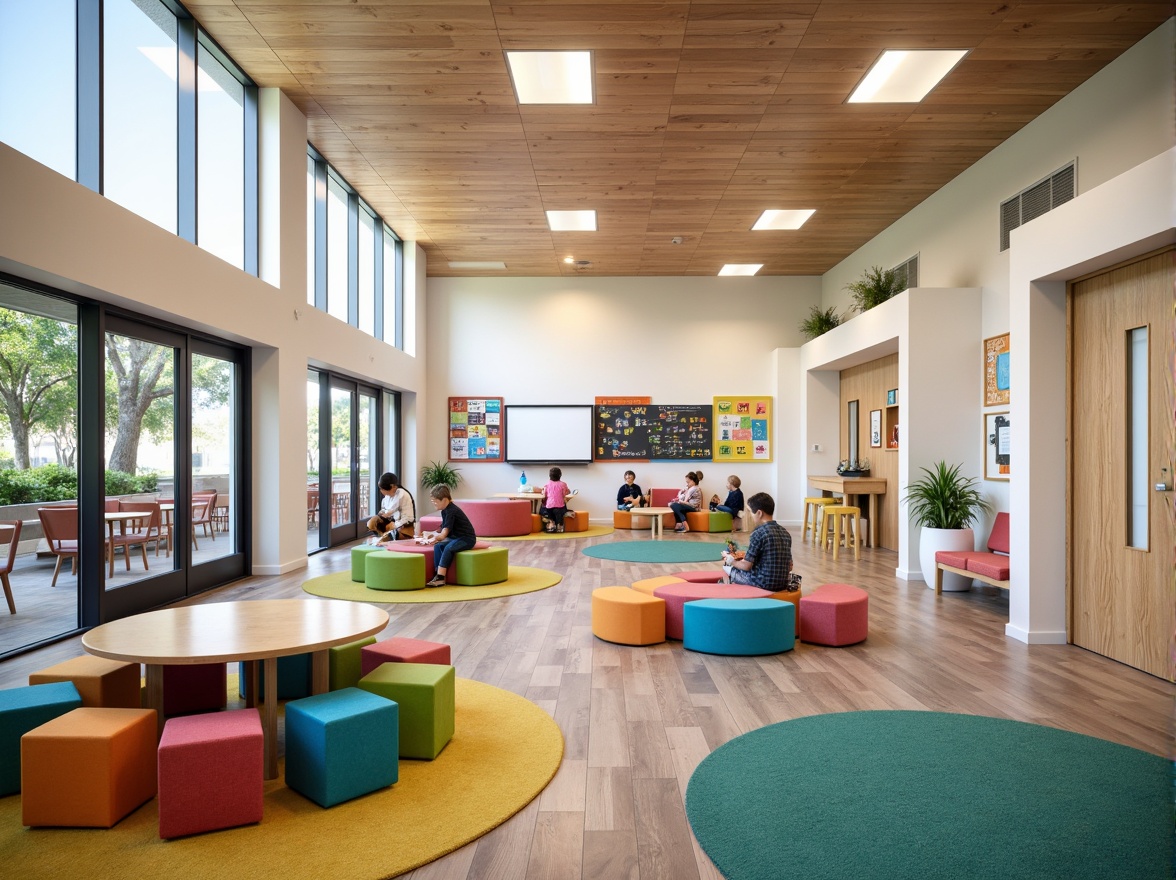 Prompt: Vibrant elementary school interior, open floor plan, collaborative learning spaces, colorful modular furniture, interactive whiteboards, educational display walls, cozy reading nooks, natural wood accents, soft carpeted floors, circular tables, ergonomic chairs, abundant daylight, large windows, sliding glass doors, minimal corridor layout, flexible classroom arrangements, technology-integrated workstations, creative art stations, inclusive accessible design, wheelchair-friendly ramps, safety-conscious materials, bright color schemes, playful textures, stimulating patterns, 3/4 composition, shallow depth of field, realistic rendering.