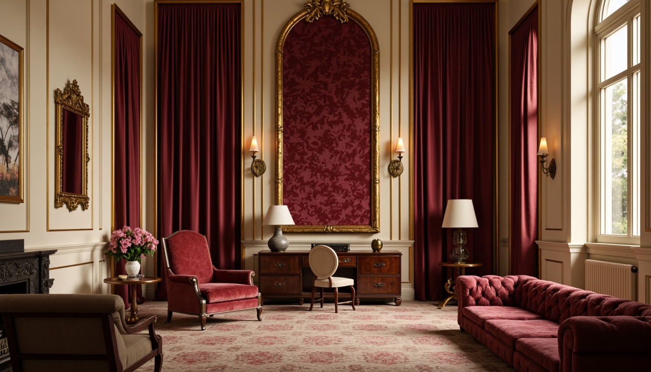 Prompt: Rich maroon accents, luxurious velvet textures, ornate golden frames, sophisticated cream walls, lavish brown furnishings, intricate patterns, subtle copper undertones, warm beige backgrounds, elegant curved lines, refined ornamental details, softbox lighting, shallow depth of field, 1/1 composition, realistic renderings, ambient occlusion.