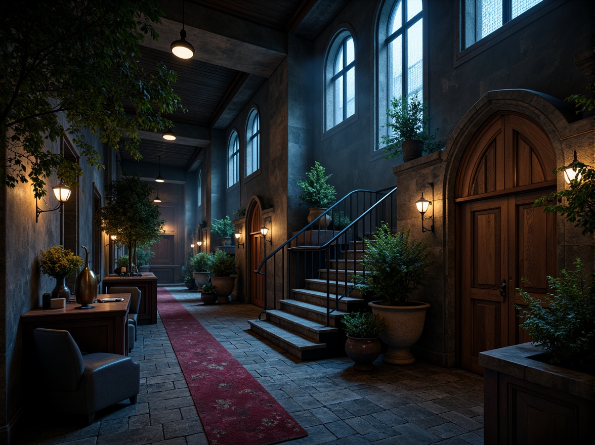 Prompt: Mysterious Gothic hostel, dark stone walls, arched windows, heavy wooden doors, ornate metalwork, dimly lit corridors, eerie ambiance, rich velvet fabrics, mysterious crimson hues, deep indigo blues, aged gold accents, weathered copper tones, foggy misty mornings, dramatic low-key lighting, cinematic composition, haunting shadows, intricate stonework textures.