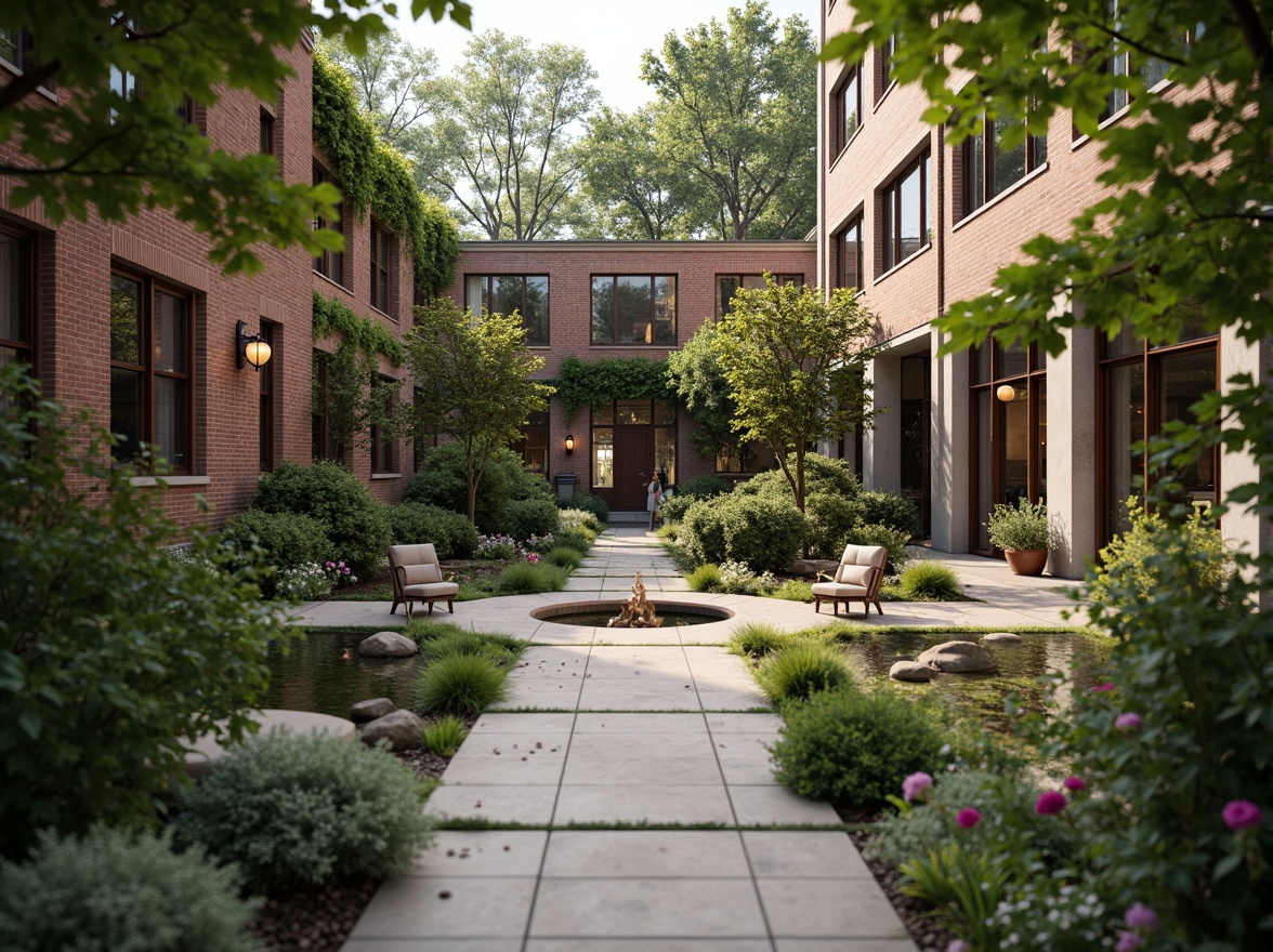 Prompt: Harmonious courtyard, lush greenery, blooming flowers, meandering pathways, natural stone walls, brick buildings, classical architecture, ornate facades, large windows, wooden doors, vintage lanterns, tranquil atmosphere, soft warm lighting, shallow depth of field, 3/4 composition, panoramic view, realistic textures, ambient occlusion, subtle color palette, symmetrical layout, elegant water features, ornamental fountains, refined outdoor furniture.