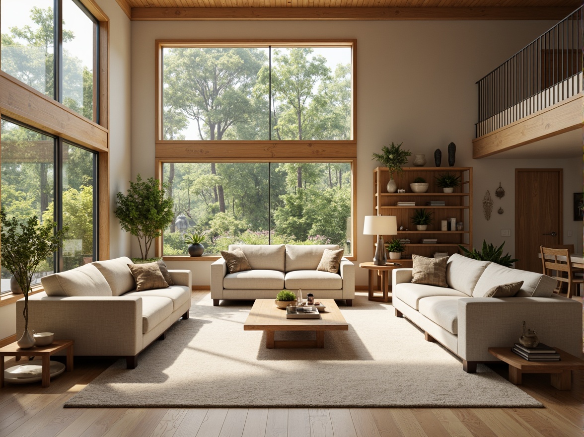 Prompt: Cozy living room, spacious open-plan layout, comfortable sofas, wooden coffee tables, large windows, natural light, greenery views, minimalist decor, modern furniture, soft carpet flooring, warm beige walls, high ceilings, functional storage spaces, cleverly designed shelves, elegant lighting fixtures, subtle color palette, 1/1 composition, atmospheric rendering, soft focus, shallow depth of field.