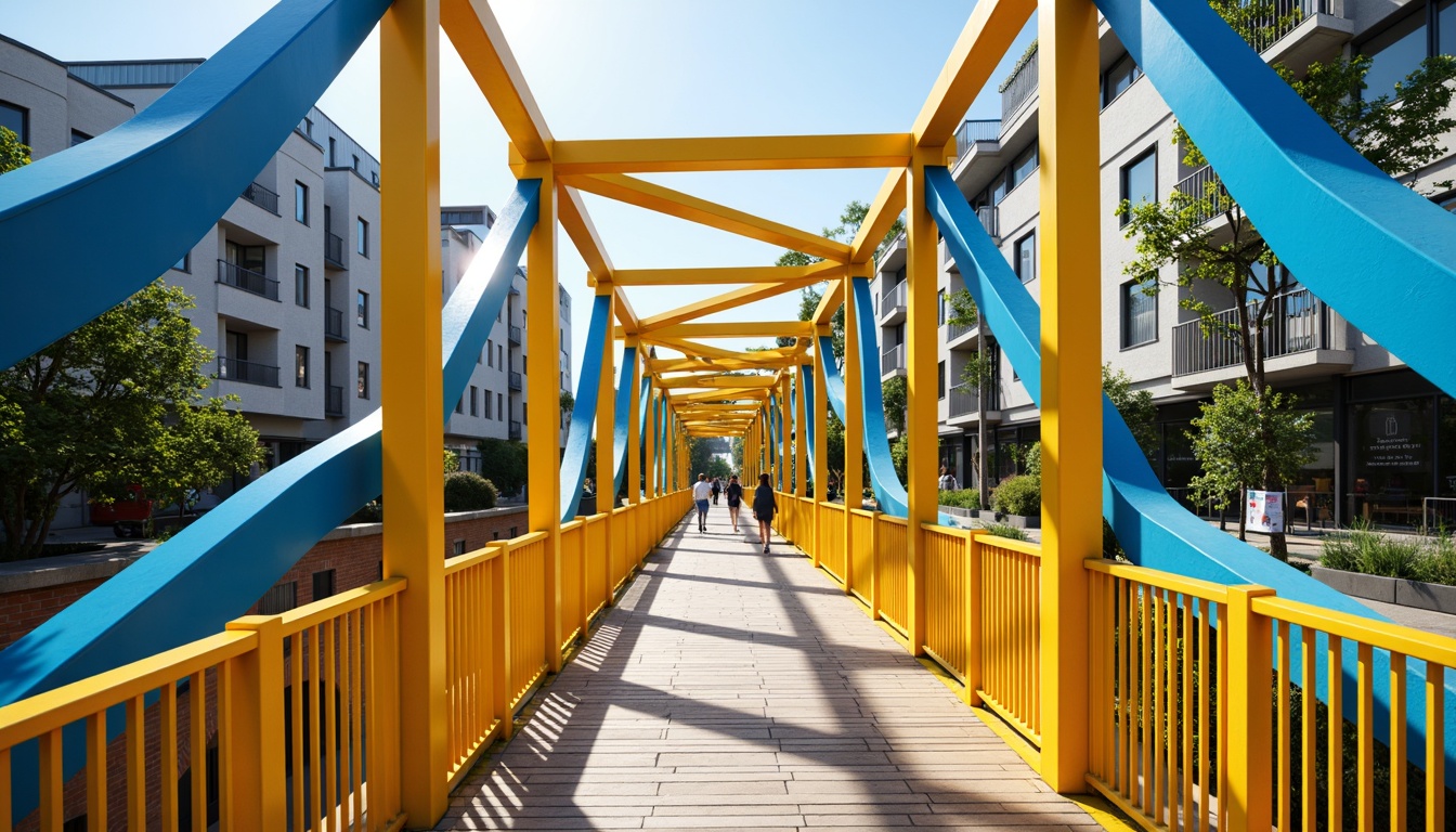 Prompt: Vibrant pedestrian bridge, bold yellow accents, calming blue railings, warm wooden decking, modern steel structures, dynamic angular shapes, contrasting color blocking, harmonious gradient transitions, urban cityscape backdrop, busy street activity, morning sunlight, soft shadows, 1/1 composition, symmetrical framing, realistic reflections, ambient occlusion.