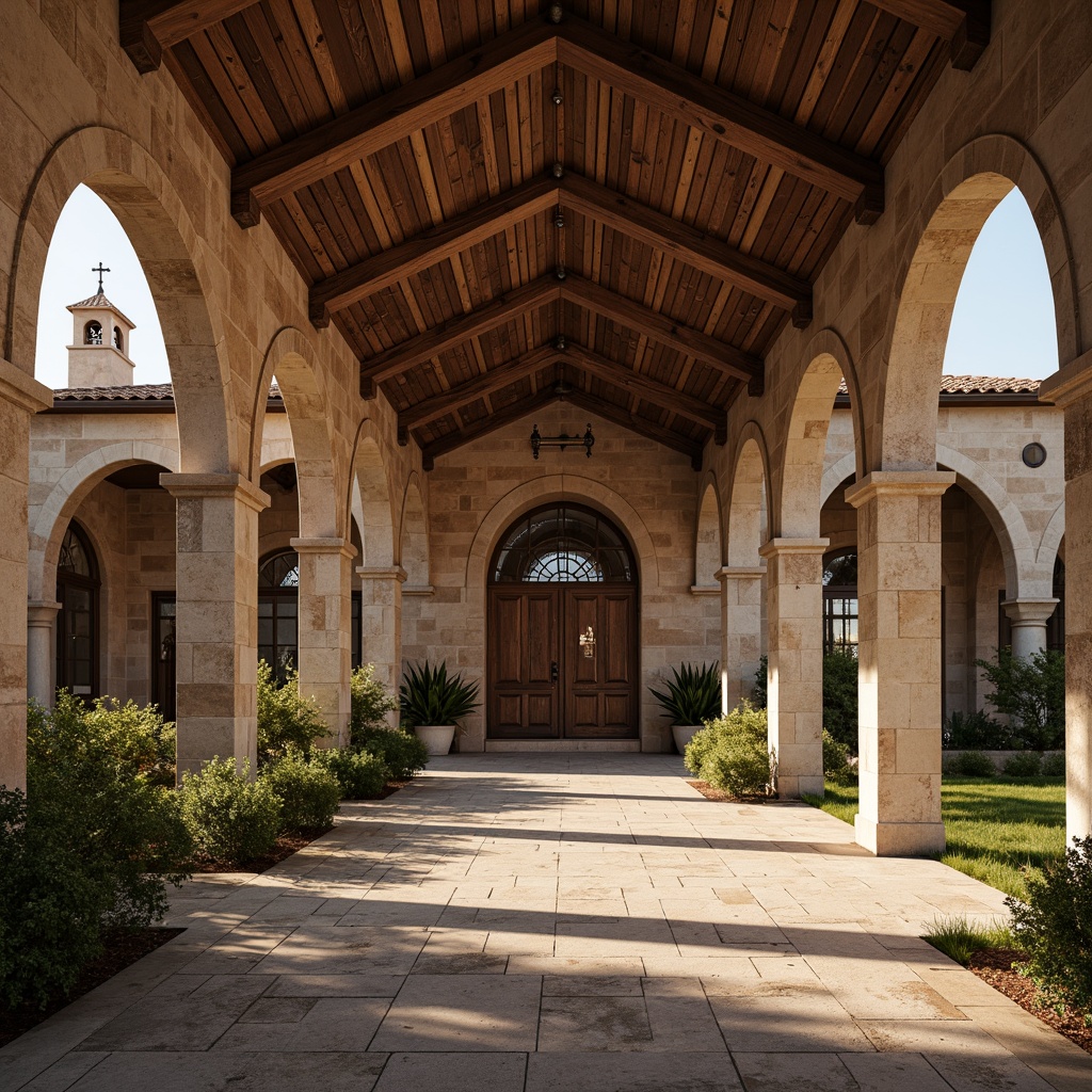 Prompt: Rustic clinic building, Romanesque arches, stone columns, ornate carvings, grand entrance, wooden doors, stained glass windows, vaulted ceilings, barrel roofs, natural stone walls, earthy color palette, warm ambient lighting, soft shadows, 1/1 composition, symmetrical view, detailed textures, subtle occlusion.