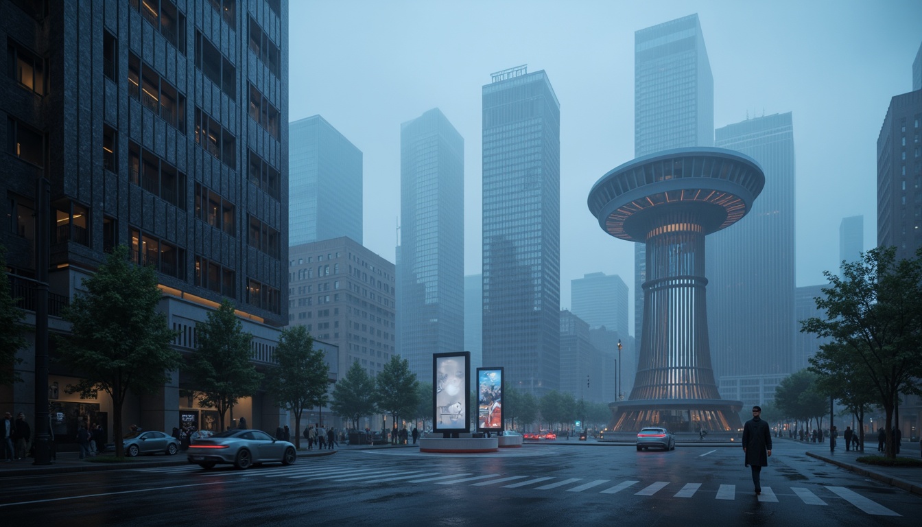 Prompt: Futuristic architecture, sleek granite facades, metallic accents, angular lines, minimalist design, modern skyscrapers, urban cityscape, neon lights, foggy atmosphere, rainy day, misty ambiance, shallow depth of field, 1/1 composition, realistic textures, ambient occlusion, high-tech gadgets, holographic displays, robotic installations, levitating objects, cyberpunk vibes, dystopian mood, cold blue lighting, dramatic shadows.