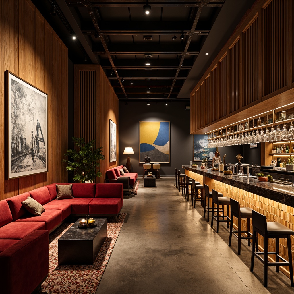 Prompt: Luxurious bar interior, rich wood accents, metallic sheen, velvet sofas, marble countertops, sleek chrome fixtures, minimalist lighting, geometric patterns, bold color schemes, abstract artwork, urban industrial atmosphere, exposed brick walls, polished concrete floors, modernist furniture design, curved lines, open layout, 1/1 composition, high-contrast lighting, cinematic ambiance.