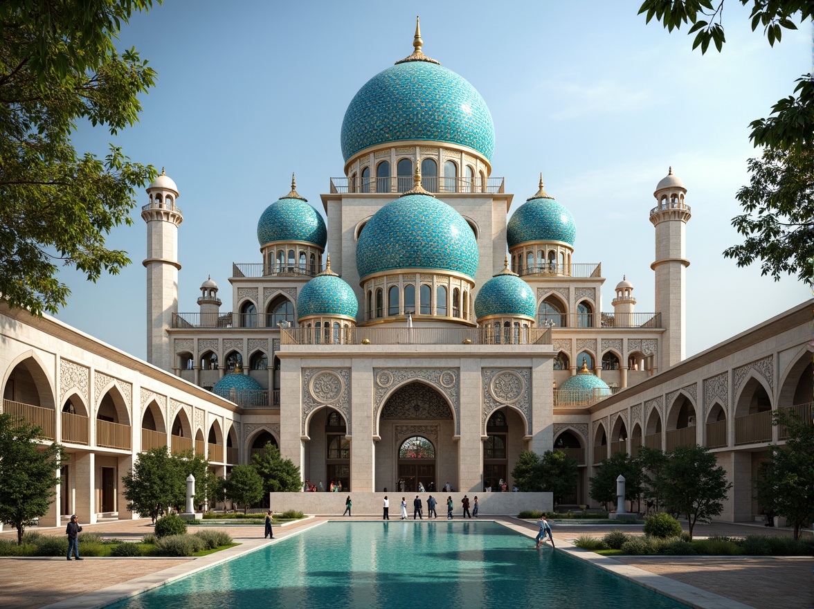 Prompt: Majestic Prussian blue domes, intricately patterned Islamic-inspired architecture, ornate gold accents, vibrant turquoise mosaics, grandiose archways, majestic minarets, serene water features, lush greenery, warm sunny day, soft diffused lighting, 3/4 composition, realistic textures, ambient occlusion.