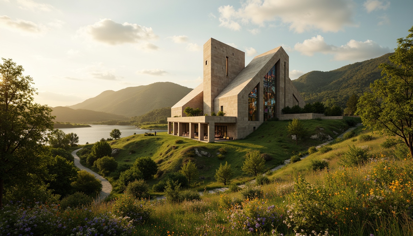 Prompt: Ethereal postmodern church, undulating hills, meandering pathways, lush greenery, vibrant wildflowers, natural stone fa\u00e7ade, abstract stained glass windows, modernist architecture, asymmetrical composition, irregular shapes, dynamic lighting effects, warm golden illumination, shallow depth of field, 1/1 composition, realistic textures, ambient occlusion, serene atmosphere, peaceful ambiance, spiritual connectivity, nature-inspired elements, organic forms, innovative materials, sustainable building practices, eco-friendly systems, minimalist decor, abstract sculptures, intricate mosaics.