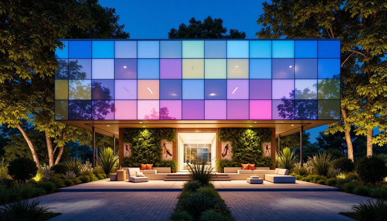 Prompt: Vibrant pavilion, bold color blocking, geometric shapes, iridescent glass fa\u00e7ade, shimmering metallic accents, pastel hues, soft gradients, ombre effects, natural materials, reclaimed wood, living green walls, lush vegetation, warm ambient lighting, diffused sunlight, 1/1 composition, symmetrical axis, minimalist decor, modern furniture, sleek lines, futuristic ambiance, electric blue highlights, neon-lit night scenes, moody atmospheric tones.