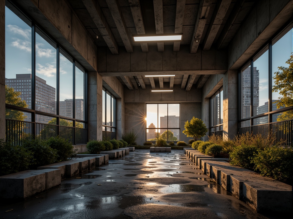 Prompt: Gritty community center, brutalist architecture, harsh concrete walls, rugged stone floors, industrial metal beams, dramatic high ceilings, diffused natural light, soft warm glow, overhead fluorescent lamps, accentuate shadows, moody atmospheric lighting, low-key color palette, desaturated tones, urban cityscape, dense foliage, rough-hewn wooden benches, raw metal railings, distressed textures, cinematic composition, 2.35