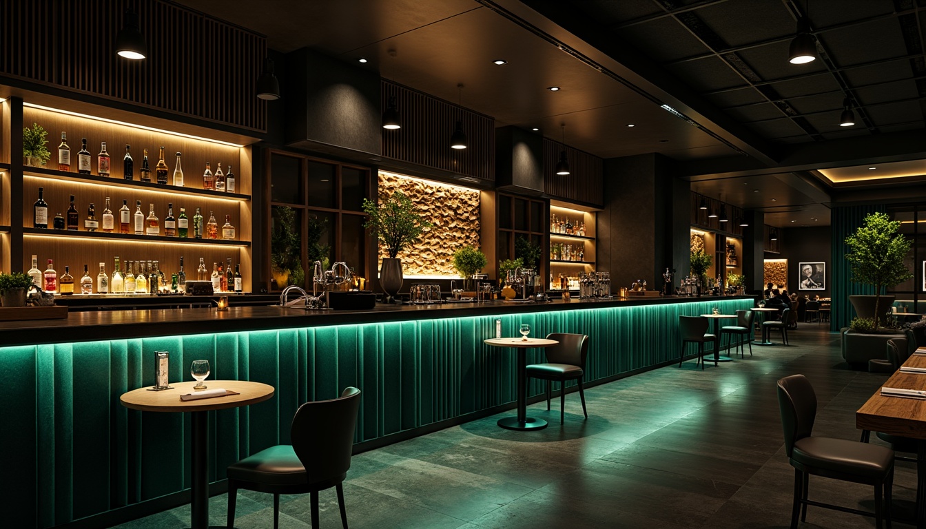 Prompt: Rich velvety bar, luxurious atmosphere, dark wood accents, polished metal fixtures, sleek lines, minimalist decor, moody color scheme, deep blues, emerald greens, rich golds, warm neutrals, subtle texture overlays, atmospheric lighting, soft focus, 1/2 composition, cinematic mood, sophisticated ambiance.