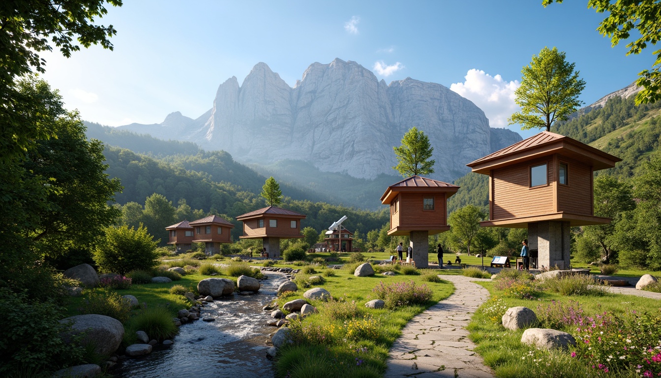 Prompt: Watching towers, majestic mountainous backdrop, serene forest surroundings, rustic stone walls, wooden observation decks, panoramic views, telescope installations, educational signage, natural stone pathways, meandering streams, lush greenery, vibrant wildflowers, sunny day, soft warm lighting, shallow depth of field, 3/4 composition, realistic textures, ambient occlusion.