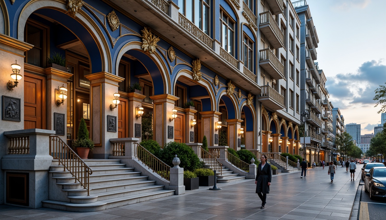 Prompt: Majestic building facade, Prussian blue accents, golden ornate details, grand entranceways, sweeping arches, elegant columns, luxurious marble floors, intricate stonework, ornamental metalwork, regal staircases, lavish chandeliers, soft warm lighting, shallow depth of field, 1/1 composition, symmetrical perspective, realistic textures, ambient occlusion, morning sunlight, cloudy sky, urban cityscape.