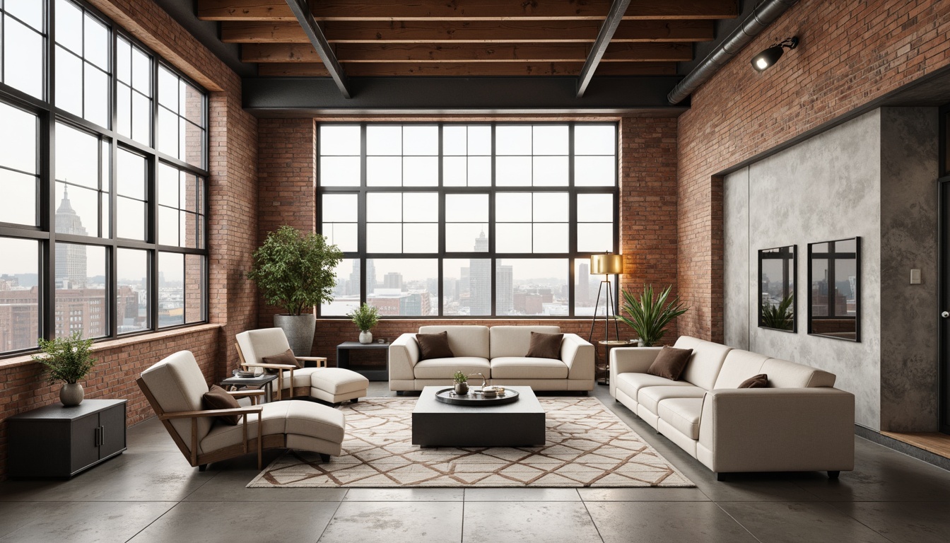 Prompt: Industrial chic loft space, exposed brick walls, polished concrete floors, sleek metal beams, minimalist decor, neutral color palette, creamy whites, soft grays, taupe accents, rich wood tones, urban cityscape views, large industrial windows, natural light pouring in, airy atmosphere, modern furniture pieces, low-profile sofas, geometric patterned rugs, metallic lighting fixtures, warm ambient glow, shallow depth of field, 1/1 composition, realistic textures, ambient occlusion.