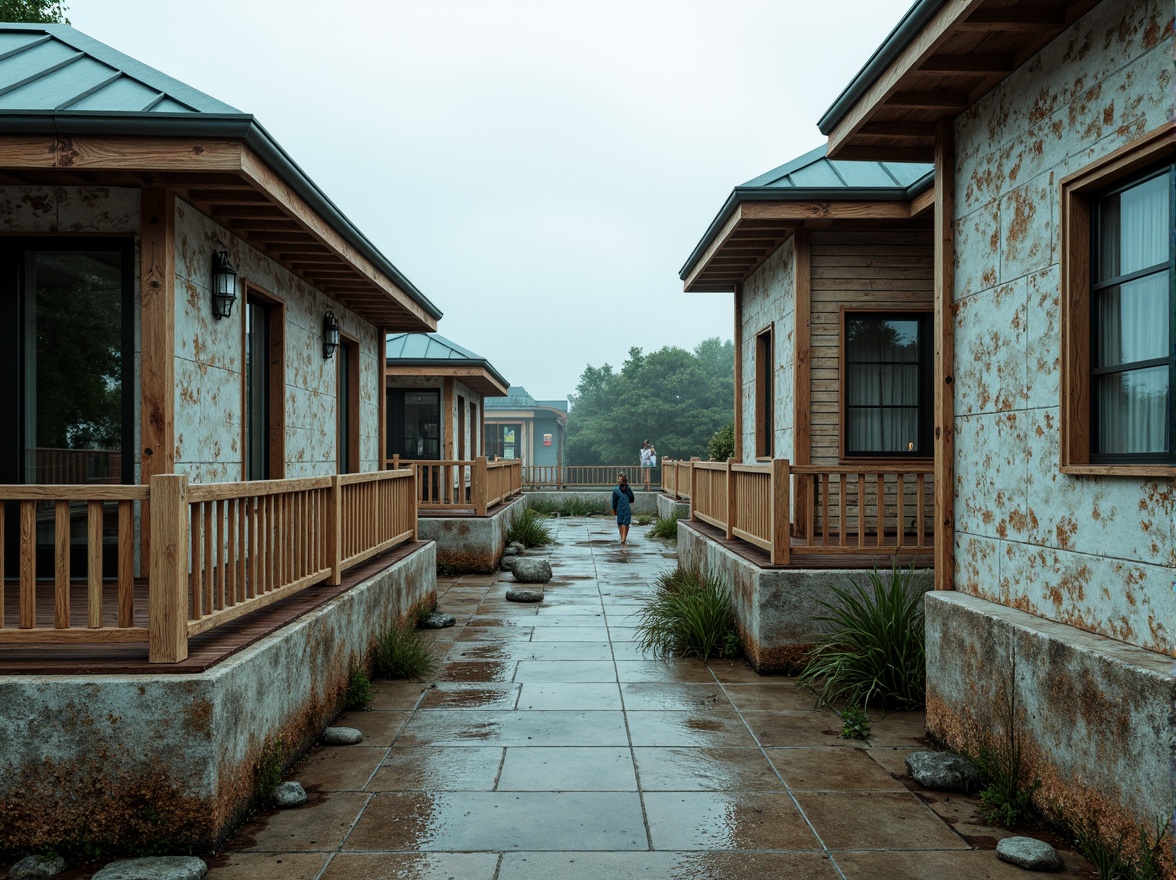 Prompt: Weathered wooden planks, rusted metal accents, driftwood-inspired railings, sea-salt-eroded stonework, ocean-blue glass windows, coral-patterned tiles, sandy-beige concrete foundations, beachy wood grain textures, seaweed-green roofs, nautical rope details, salty air weathering effects, 1/2 composition, dramatic coastal lighting, misty atmospheric perspective, realistic ocean sounds.