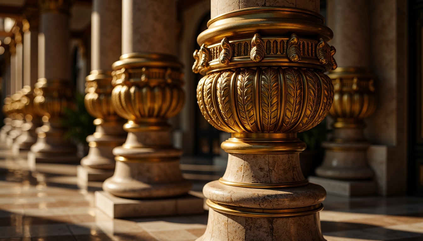 Prompt: Ornate column, twisted barley shape, golden leaf accents, intricately carved capitals, ornamental volutes, curved scrollwork, majestic architecture, grandiose scale, luxurious marble material, polished bronze detailing, warm golden lighting, dramatic shadows, 1/2 composition, low-angle shot, atmospheric perspective, highly detailed textures.