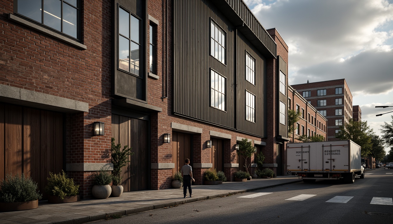 Prompt: Rustic warehouse facade, exposed brick walls, corrugated metal cladding, industrial steel frames, large windows, natural light pouring in, wooden loading docks, distressed wood textures, vintage signage, urban cityscape background, cloudy sky, dramatic shadows, high contrast lighting, shallow depth of field, 1/1 composition, realistic weathering effects, ambient occlusion.Let me know if you need any adjustments!