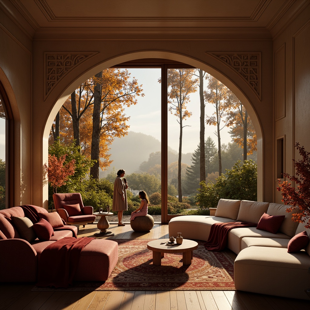 Prompt: Rich maroon accents, earthy brown undertones, warm beige backgrounds, soft golden lighting, creamy white textures, natural wood furnishings, organic curved lines, cozy intimate atmosphere, autumnal forest scenery, misty morning fog, shallow depth of field, 1/1 composition, realistic renderings, ambient occlusion.