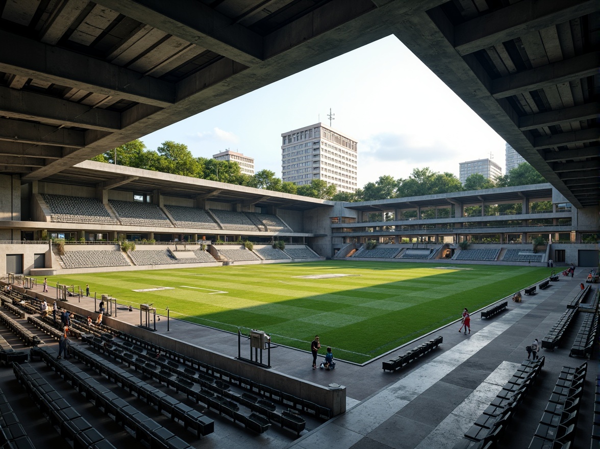 Prompt: Rugged sports field, brutalist architecture, exposed concrete walls, industrial steel beams, cantilevered roofs, asymmetrical forms, dynamic angular lines, bold geometric shapes, vibrant green turf, athletic tracks, stadium seating, floodlights, urban landscape integration, gritty cityscape, raw natural textures, dramatic shading, high-contrast lighting, 1/2 composition, atmospheric perspective, cinematic rendering.