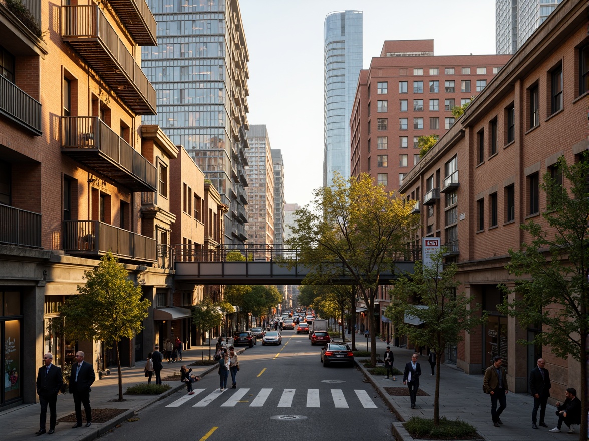 Prompt: Urban cityscape, warm wheat-toned buildings, bronze accents, industrial textures, modern skyscrapers, busy streets, vibrant street art, urban gardens, green roofs, metallic bridges, warm evening lighting, soft shadows, 1/2 composition, atmospheric perspective, realistic reflections, subtle DOF.