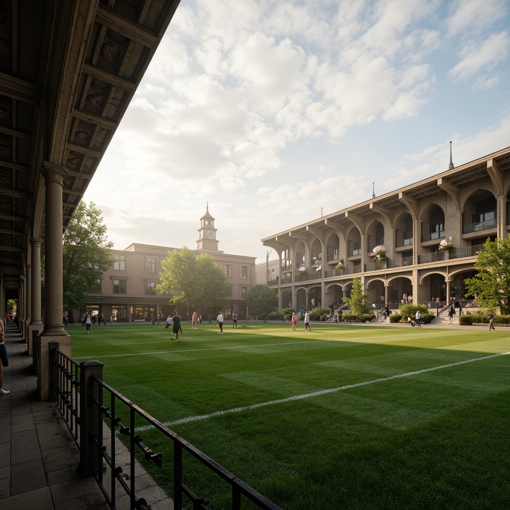 Prompt: Majestic Gothic Revival sports stadium, lush green turf, intricate stone carvings, grandiose arches, ribbed vaults, flying buttresses, ornate metalwork, majestic clock towers, ivy-covered walls, mystical foggy atmosphere, golden hour soft lighting, shallow depth of field, 3/4 composition, panoramic view, realistic textures, ambient occlusion.