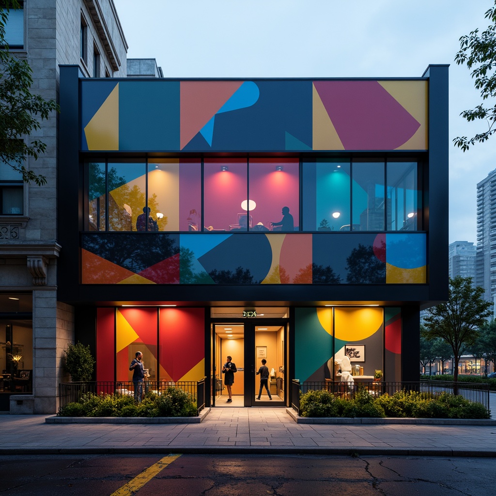 Prompt: Geometric fitness club facade, bold color blocking, abstract shapes, fragmented forms, dynamic diagonal lines, industrial materials, exposed ductwork, metal beams, raw concrete walls, futuristic LED lighting, urban cityscape, morning fog, high-contrast shading, dramatic spotlighting, 1/2 composition, low-angle shot, gritty textures, atmospheric mist.