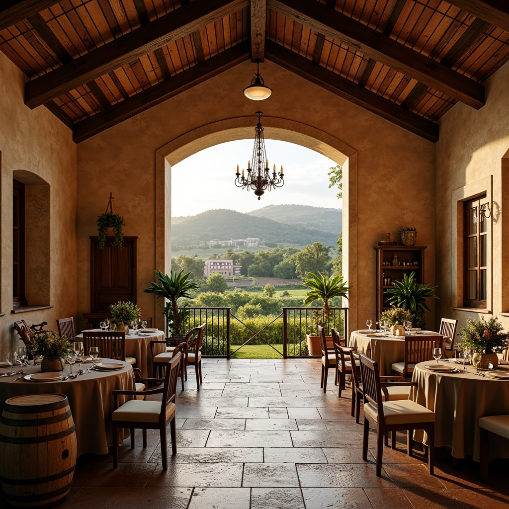 Prompt: Rustic winery, earthy tones, terracotta roofs, vineyard views, rolling hills, sun-kissed fields, warm beige stone walls, rich wood accents, elegant archways, grand chandeliers, lavish furnishings, wine barrel decorations, dimly lit cellar, ambient warm lighting, soft focus, shallow depth of field, 1/2 composition, natural textures, atmospheric perspective.