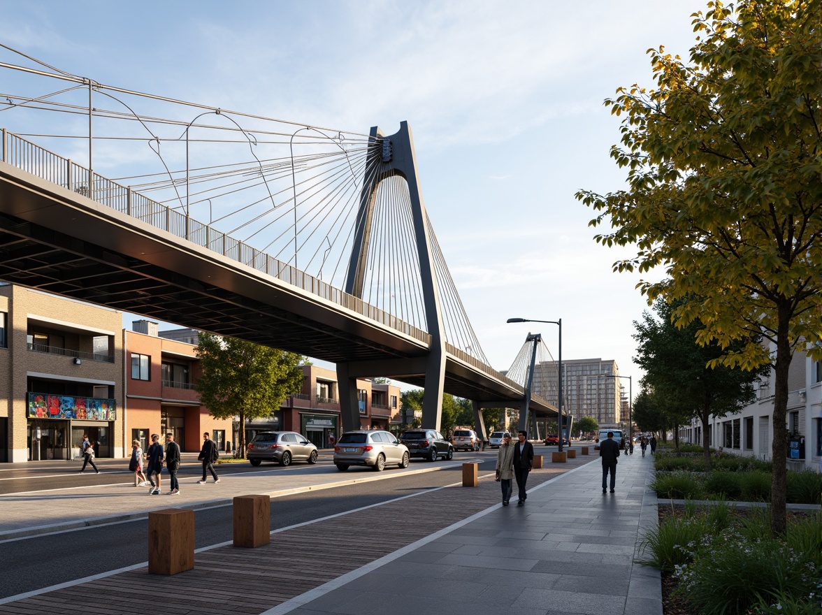 Prompt: Elegant pedestrian bridge, sweeping arches, suspended walkways, cable-stayed design, steel beams, minimalist railings, sleek metal handrails, modern urban landscape, busy city streets, vibrant street art, lush greenery, natural stone piers, rustic wooden decking, warm afternoon lighting, soft shadows, shallow depth of field, 1/2 composition, realistic textures, ambient occlusion.