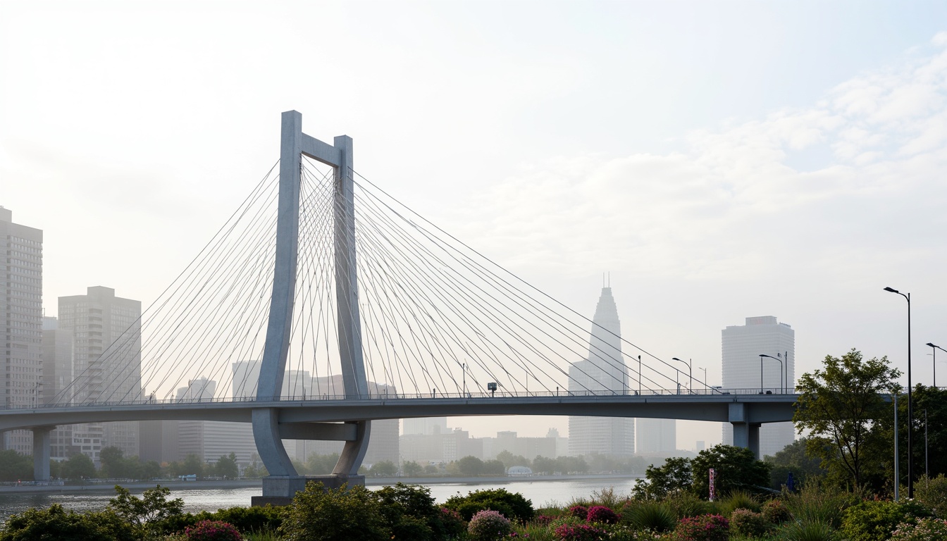 Prompt: Sleek suspension bridge, modern cable-stayed architecture, silver metal beams, sturdy pillars, gentle curves, symmetrical composition, urban cityscape, misty morning atmosphere, soft natural lighting, shallow depth of field, 1/2 composition, realistic reflections, ambient occlusion, pedestrian walkways, safety railings, integrated streetlights, durable concrete foundations, structural steel elements, minimalist design, efficient traffic flow, scenic river views, lush greenery, vibrant flowers.