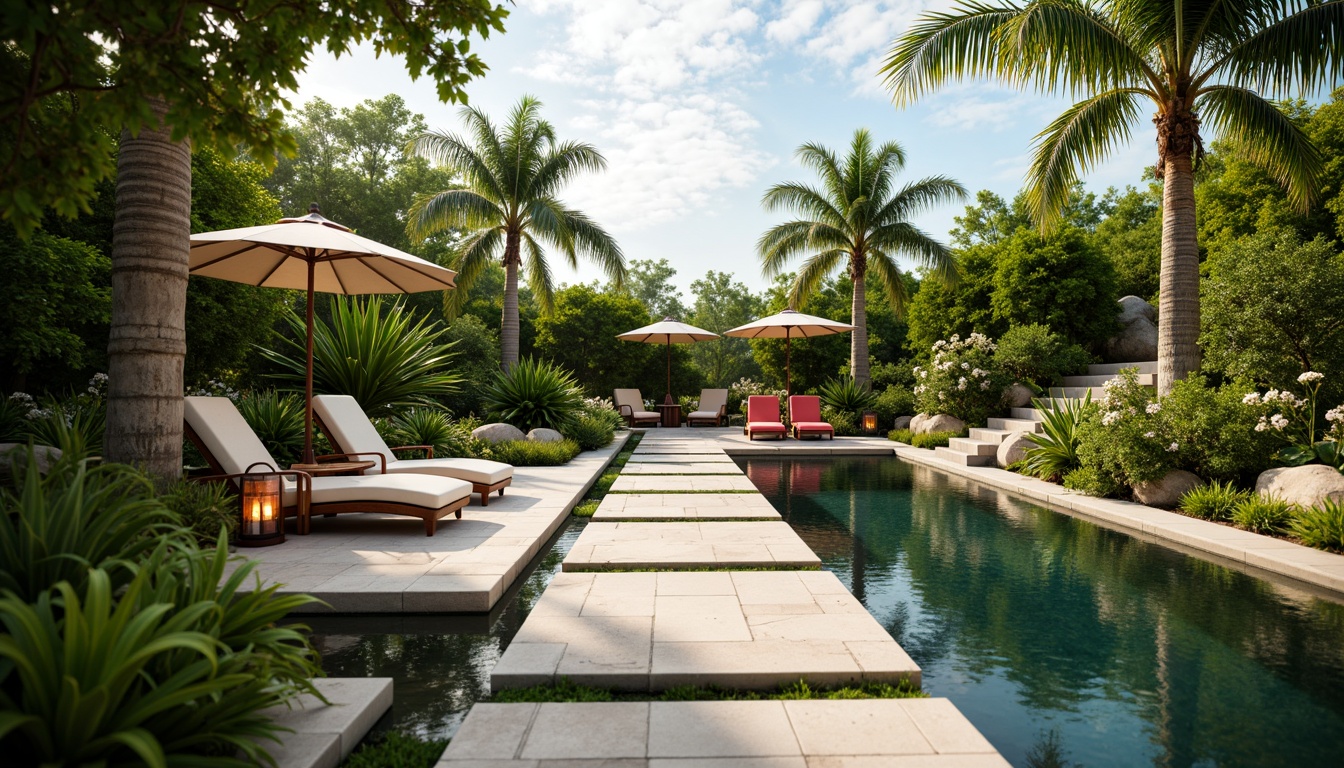 Prompt: Luxuriant tropical plants, natural stone pathways, water features, infinity pools, modern outdoor furniture, vibrant colorful accents, lantern-style lighting, lush greenery, palm trees, sunny day, soft warm ambiance, shallow depth of field, 3/4 composition, panoramic view, realistic textures, ambient occlusion.