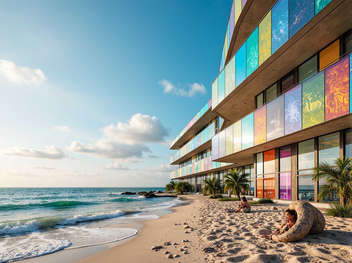 Prompt: Vibrant beachside architecture, iridescent glass facades, undulating waves, soft sandy shores, seashells, driftwood, nautical ropes, ocean-inspired sculptures, translucent glass bricks, kaleidoscope colors, abstract patterns, organic shapes, beachy textures, warm sunlight, shallow depth of field, 1/1 composition, realistic reflections, ambient occlusion.