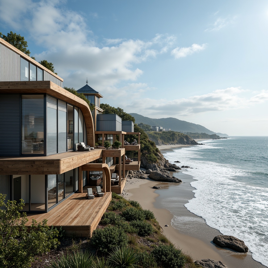 Prompt: Wave-crashing coastline, salty sea air, modern coastal homes, large windows, sliding glass doors, wooden decks, ocean-inspired color palette, weathered wood accents, corrugated metal cladding, sleek minimalist design, sustainable building materials, energy-efficient systems, solar panels, wind-resistant architecture, curved lines, nautical-themed decorations, beachy textures, soft warm lighting, shallow depth of field, 3/4 composition, panoramic view.