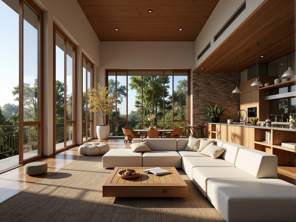 Prompt: Cozy living room, comfortable sofa, warm lighting, wooden coffee table, floor-to-ceiling windows, natural stone walls, modern minimalist interior design, functional storage spaces, ergonomic furniture layout, harmonious color palette, soft carpet flooring, peaceful atmosphere, shallow depth of field, 1/1 composition, realistic textures, ambient occlusion, open-plan kitchen, sleek cabinetry, stainless steel appliances, granite countertops, dining area, wooden chairs, pendant lighting, fresh greenery, natural ventilation, energy-efficient systems.