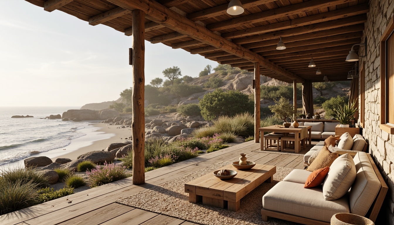 Prompt: Rustic beachside retreat, weathered wooden planks, driftwood accents, sea-salted stone walls, rough-hewn boulders, ocean-worn pebbles, sandy dunes, sea grasses, coastal wildflowers, misty mornings, warm golden light, shallow depth of field, 1/1 composition, symmetrical architecture, nautical rope details, distressed finishes, coral-inspired colors, beachy textiles, natural fiber upholstery, seashell patterns, ocean-breeze ventilation systems.