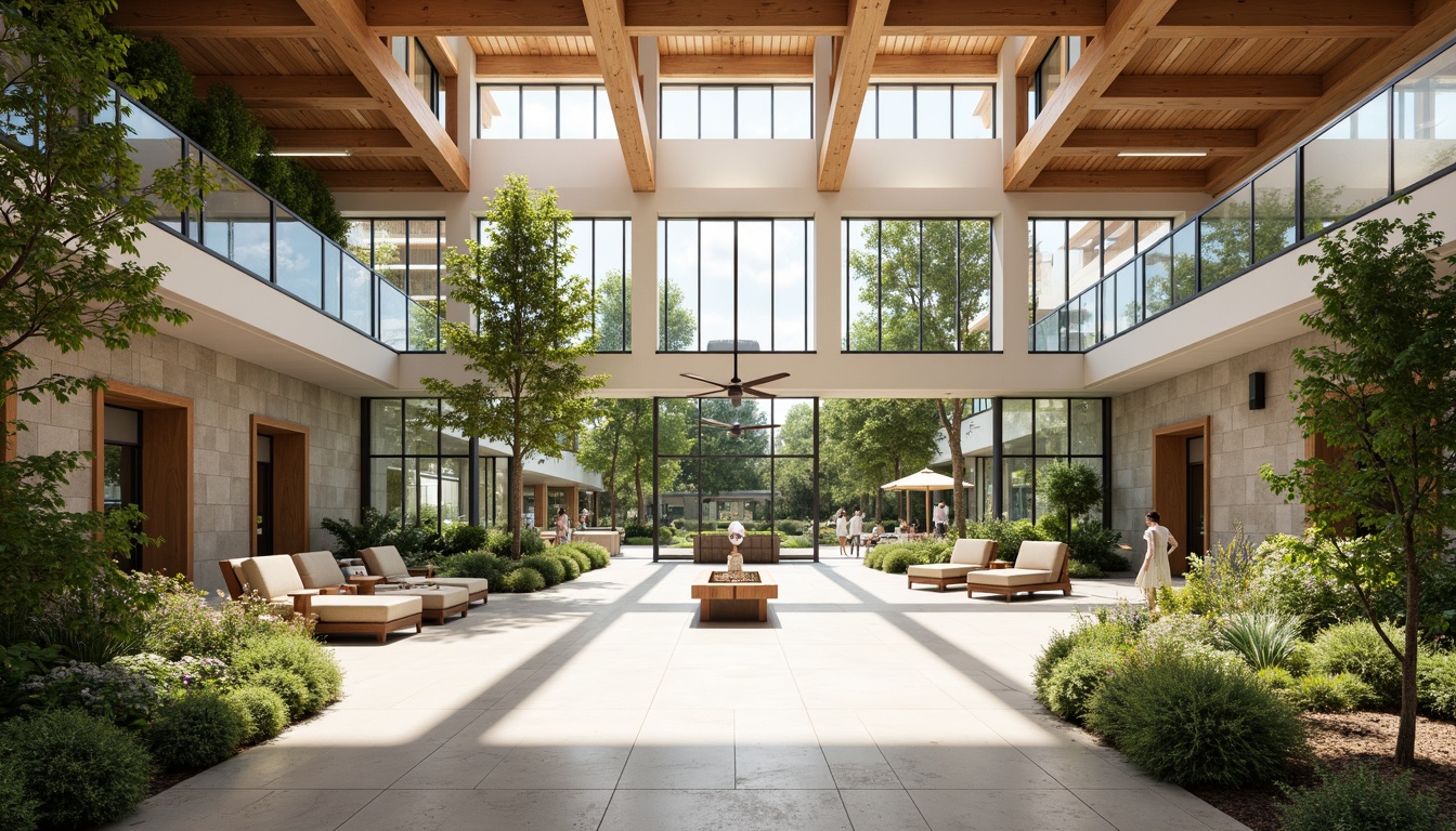 Prompt: Bright gymnasium interior, high ceilings, clerestory windows, natural stone flooring, wooden accents, exposed ductwork, minimalist decor, abundant greenery, living walls, floor-to-ceiling windows, sliding glass doors, outdoor courtyard, sunny day, soft warm lighting, shallow depth of field, 3/4 composition, panoramic view, realistic textures, ambient occlusion.