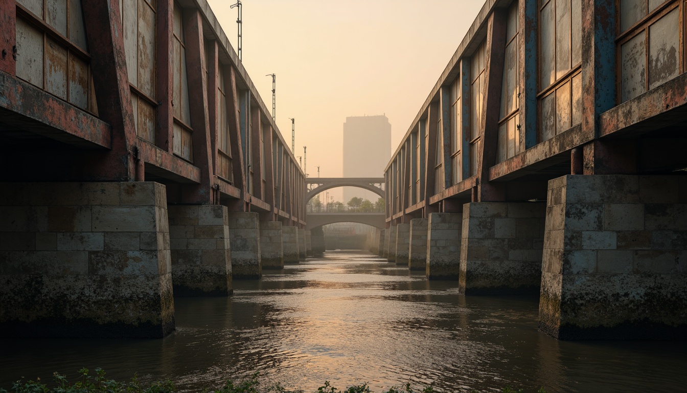 Prompt: Rustic steel bridges, industrial urban landscapes, murky river waters, misty foggy mornings, warm golden lighting, soft gradient color transitions, weathered metal textures, distressed wooden planks, rugged stone foundations, atmospheric perspective, low-key mood, cinematic composition, rich earth tones, muted blue-grey hues, warm beige accents.