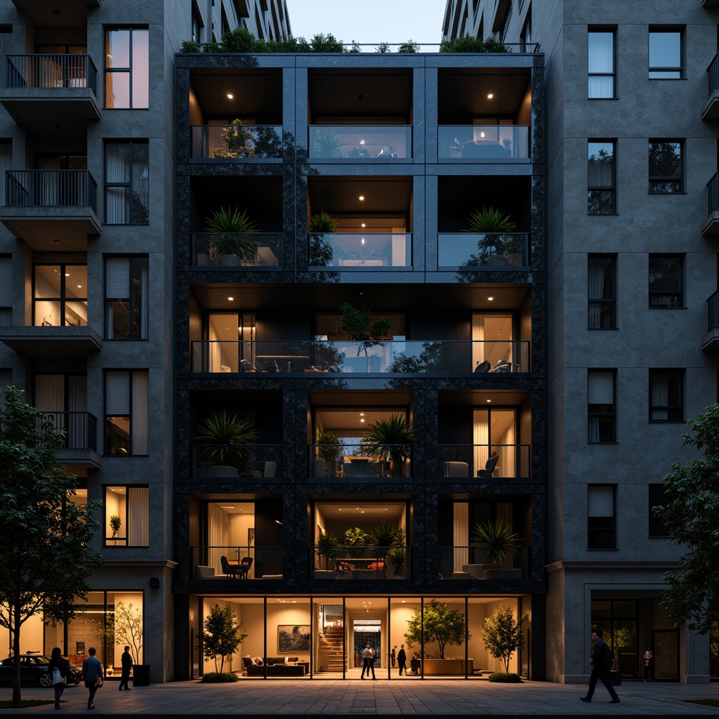 Prompt: Glossy black granite fa\u00e7ade, minimalist rectangular forms, cantilevered balconies, floor-to-ceiling windows, metallic accents, industrial-style lighting, brutalist concrete textures, geometric patterned railings, asymmetrical compositions, moody nighttime atmosphere, warm golden spotlights, shallow depth of field, 2/3 composition, cinematic view, realistic reflections, ambient occlusion.