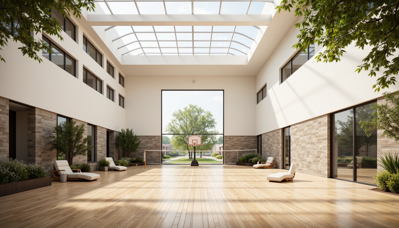 Prompt: Spacious gymnasium interior, high ceilings, clerestory windows, transparent skylights, reflective white surfaces, polished wooden floors, athletic equipment, basketball hoops, volleyball nets, natural stone walls, minimalist modern architecture, abundant greenery, potted plants, warm sunny day, soft diffused lighting, 1/2 composition, atmospheric perspective, realistic textures, subtle ambient occlusion.