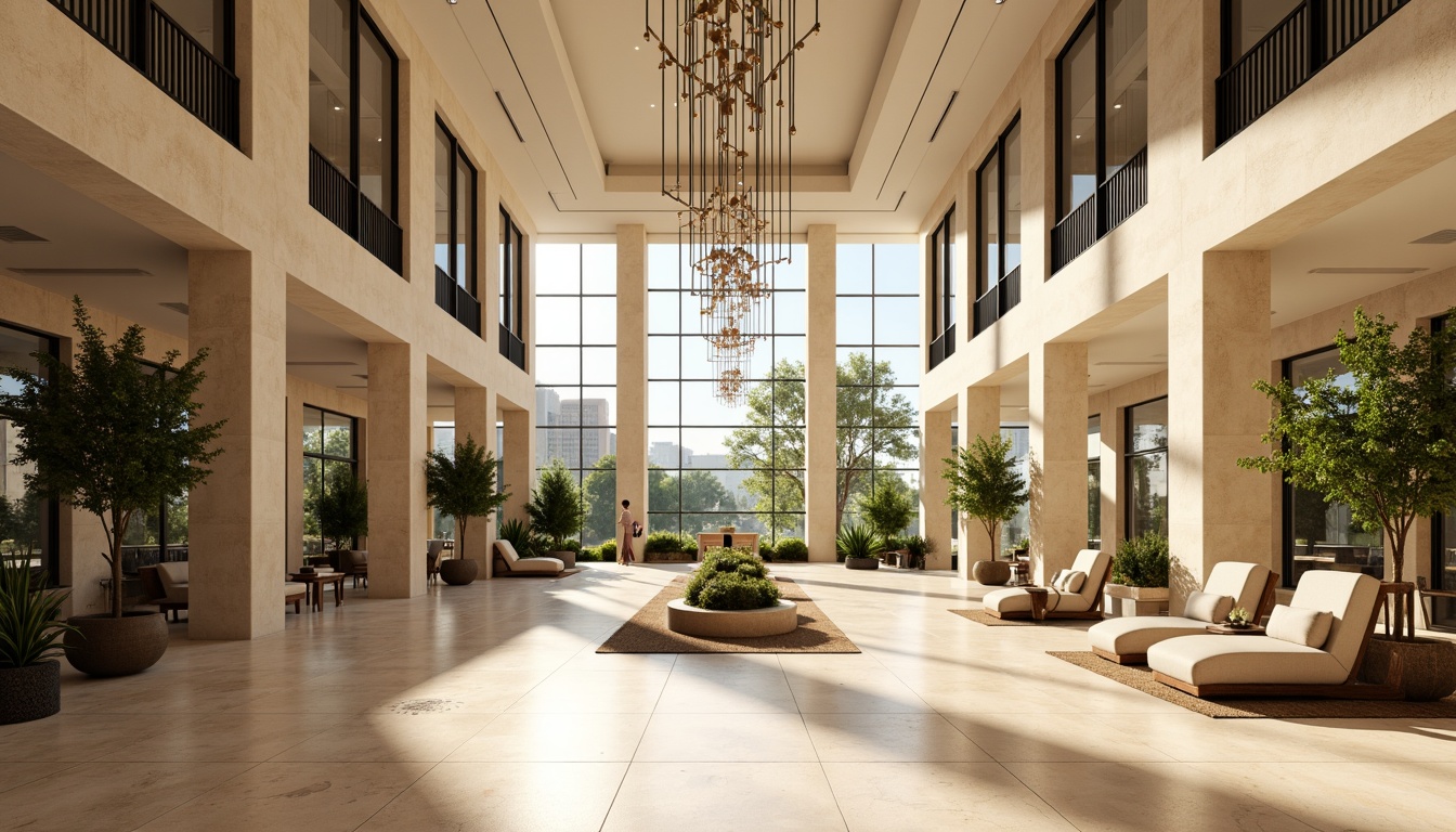 Prompt: Luxurious hotel lobby, high ceilings, expansive windows, floor-to-ceiling glass walls, minimal obstructions, reflective surfaces, cream-colored marble floors, warm beige walls, abundant greenery, natural stone accents, modern minimalist chandeliers, soft warm lighting, shallow depth of field, 1/2 composition, panoramic view, realistic textures, ambient occlusion.