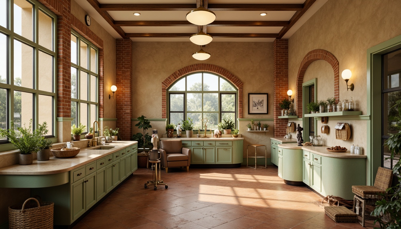 Prompt: Warm beige walls, rich terracotta flooring, soft sage green accents, creamy marble countertops, ornate golden lighting fixtures, distressed wooden furniture, vintage medical equipment, natural stone archways, rustic brick columns, earthy ceramic tiles, subtle texture overlays, warm ambient lighting, shallow depth of field, 1/2 composition, realistic material renderings.