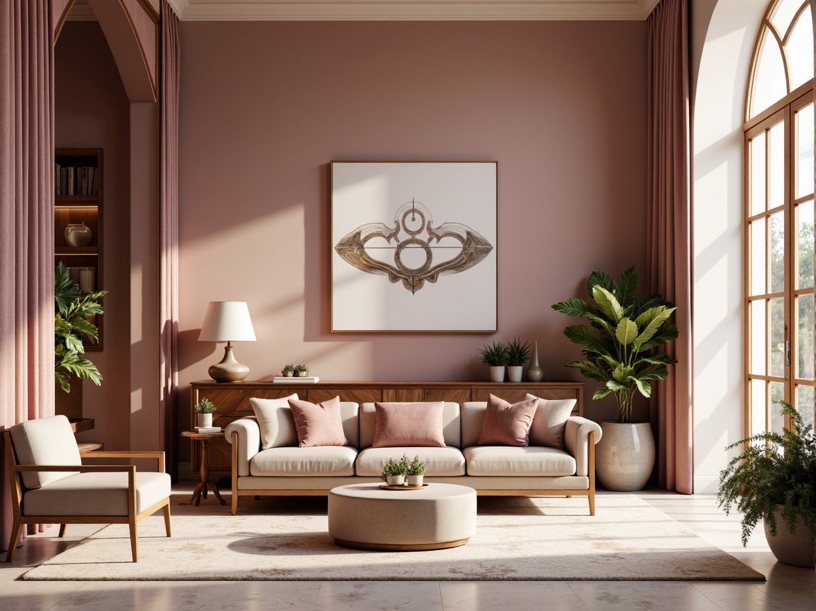 Prompt: Rich mauve hues, soft blush tones, warm beige backgrounds, elegant gold accents, luxurious velvet textures, ornate wooden furniture, subtle marble patterns, sophisticated modern architecture, natural light pouring, airy atmosphere, shallow depth of field, 1/2 composition, cinematic view, realistic reflections, ambient occlusion.