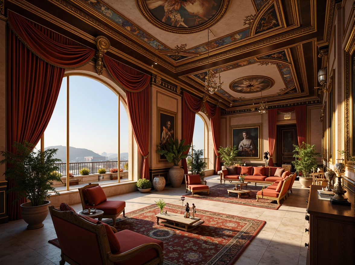 Prompt: Luxurious penthouse interior, ornate detailing, Renaissance-inspired grandeur, opulent furnishings, intricate carvings, gilded accents, lavish chandeliers, velvet drapes, marble floors, ornamental columns, arched windows, frescoed ceilings, rich tapestries, classical sculptures, warm golden lighting, shallow depth of field, 1/1 composition, realistic textures, ambient occlusion.