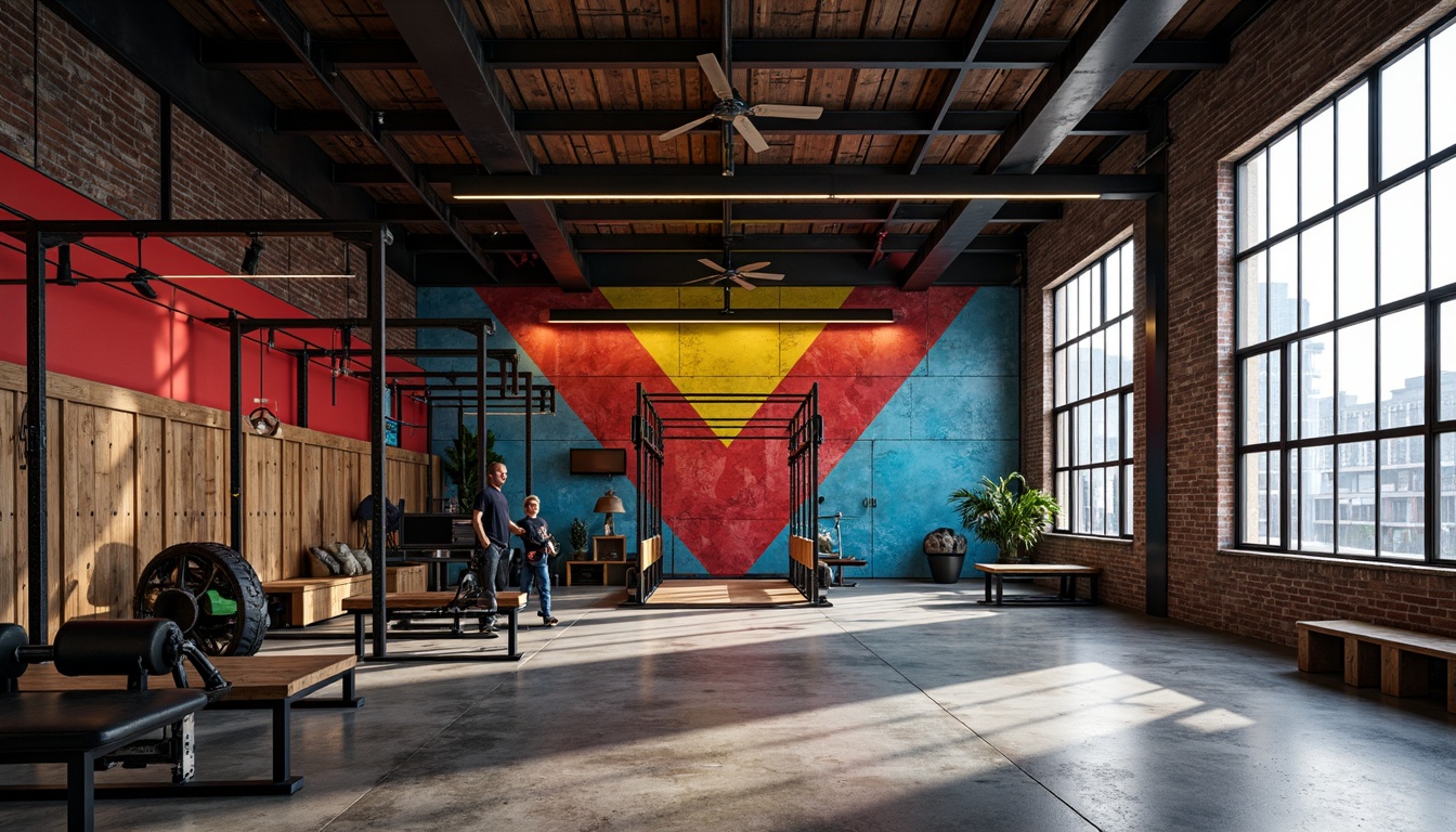 Prompt: Industrial gym space, exposed brick walls, metal beams, distressed wood accents, bold color blocking, vibrant reds, deep blues, neon yellows, geometric patterns, abstract art installations, concrete floors, steel equipment frames, modern LED lighting, high ceilings, urban cityscape views, gritty textured surfaces, dramatic shadows, dynamic camera angles, 1/2 composition, sharp contrast lighting, stylized athletic silhouettes.