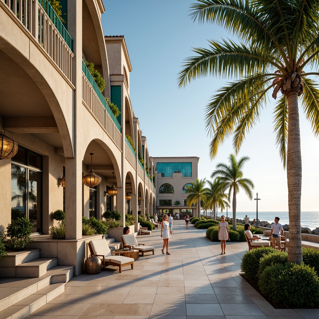 Prompt: Oceanfront promenade, ornate ironwork, curved balconies, decorative metal grilles, vibrant turquoise accents, luxurious marble floors, opulent chandeliers, grand staircases, lavish foyers, tropical palm trees, salty sea air, warm sunny day, soft golden lighting, shallow depth of field, 1/1 composition, panoramic view, realistic textures, ambient occlusion.