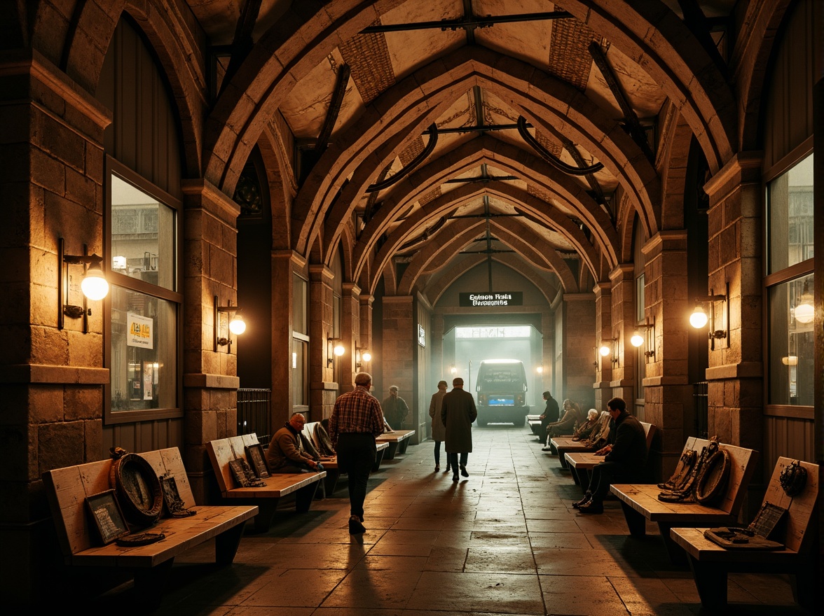 Prompt: Rustic metro station, Romanesque arches, rough-hewn stone walls, ornate carvings, grand vaulted ceilings, intricate masonry patterns, warm golden lighting, atmospheric smoke effects, distressed textures, vintage signage, antique fixtures, industrial steel beams, worn wooden benches, nostalgic atmosphere, cinematic composition, low-key lighting, shallow depth of field.