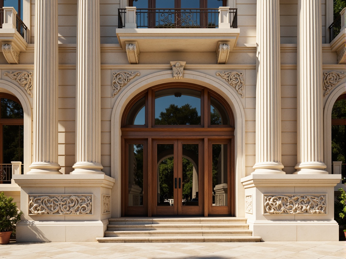 Prompt: Grandiose building facade, neoclassical columns, ornate capitals, carved stone details, symmetrical composition, rusticated base, arched windows, decorative balconies, intricate moldings, ornamental pediments, classical pilasters, creamy white marble, richly textured stonework, subtle shadowing, warm golden lighting, slight depth of field, 1/2 composition, realistic materials, ambient occlusion.