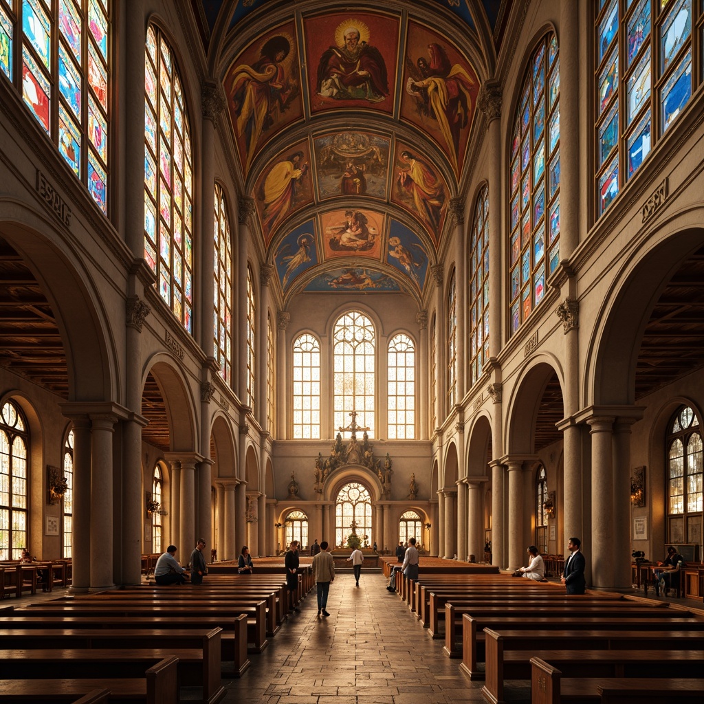 Prompt: Vibrant stained glass windows, warm golden lighting, rich wooden accents, ornate frescoes, grand cathedral ceilings, majestic stone columns, intricate mosaic patterns, symbolic religious icons, soft pastel colors, serene ambiance, atmospheric misting, dramatic vertical composition, high contrast ratio, warm color harmony, sacred geometric shapes.