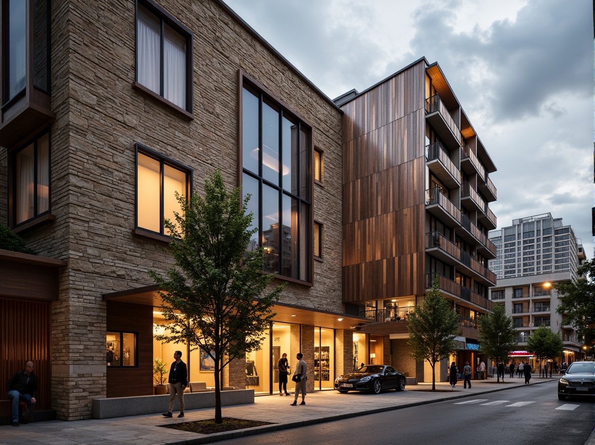 Prompt: Rustic brick facade, rough stone walls, wooden accents, metallic cladding, glass panels, concrete foundations, vibrant tile mosaics, natural wood grain, earthy color palette, industrial chic aesthetic, modern minimalist design, urban cityscape, cloudy grey sky, dramatic shadows, warm golden lighting, shallow depth of field, 1/1 composition, realistic textures, ambient occlusion.