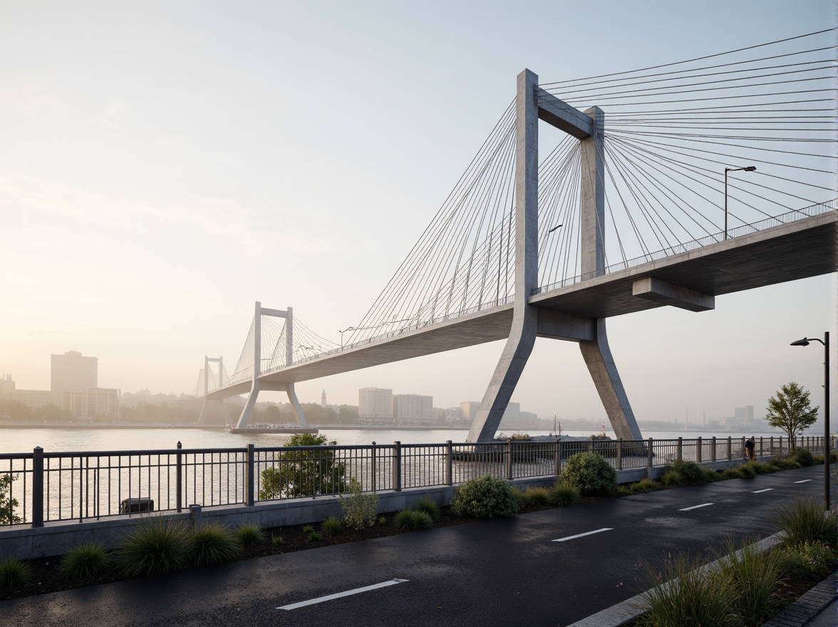 Prompt: Sleek suspension bridge, modern minimalist architecture, steel cable stays, angular piers, dynamic curved lines, functional pedestrian pathways, safety railings, LED lighting systems, urban cityscape, misty morning atmosphere, soft warm glow, shallow depth of field, 3/4 composition, realistic metallic textures, ambient occlusion.